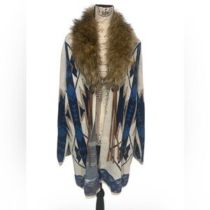 Magnolia Lane Aztec Southwest Cardigan Faux Fur Collar Fringe Boho Oversized